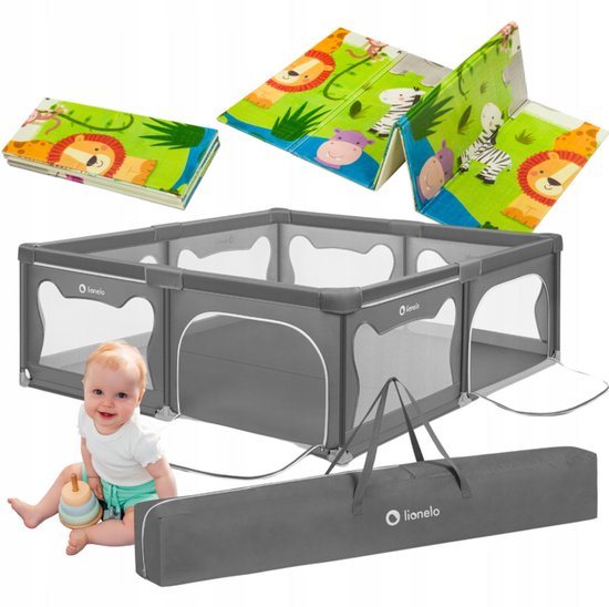 Lionelo Willow Grondbox XL + Bijpassende Speelmat - 187x207 cm - voor Binnen & Buiten - Grote - Veilige - Antislip & Twee Zij-ingangen - Inclusief Draagtas - Baby Box + Speelkleed - 0 48 maanden