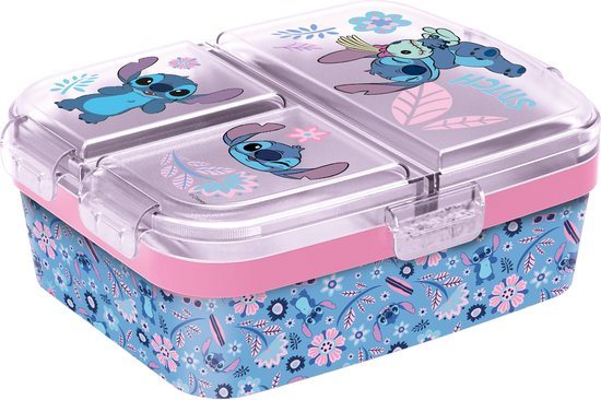 Disney's Stitch Kinderlunchbox Pink Jungle – Broodtrommel met 4 vakken voor kinderen vanaf 4 jaar - Vaatwasserbestendig & BPA-vrij - Lichtblauw/Roze