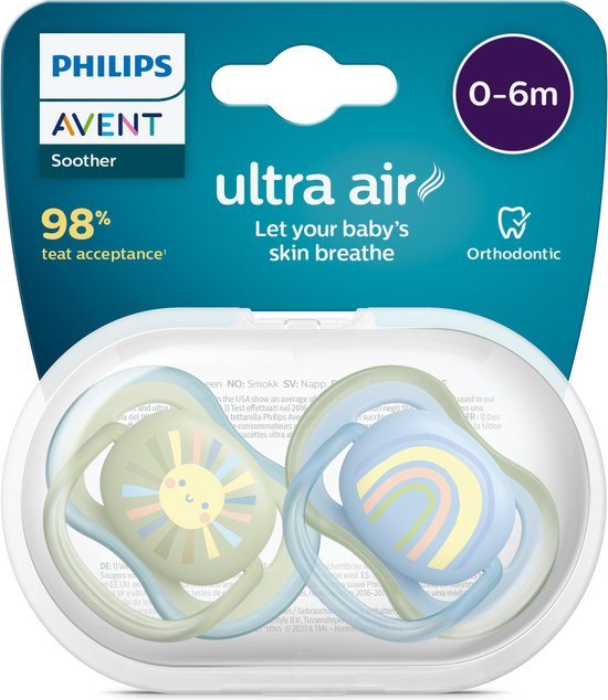 Philips Avent Ultra Air Fopspeen - 0 tot 6 Maanden - 2 Speentjes - Groen/Blauw Zon/Regenboog - SCF085/58