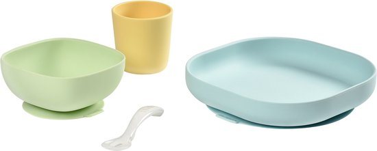 Béaba Silicone Maaltijdset - Kinderservies - 4-delig - Zuignap Kom, Bord & Lepel - Groen/geel