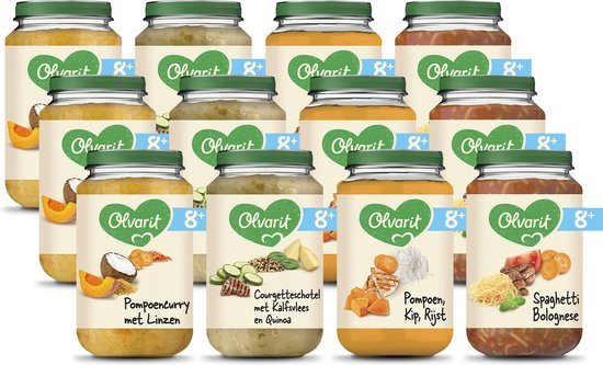 Olvarit Variatiemenu Babymaaltijd 8+ Maanden - Versie 2 - 4 Smaken - 12 x 200g
