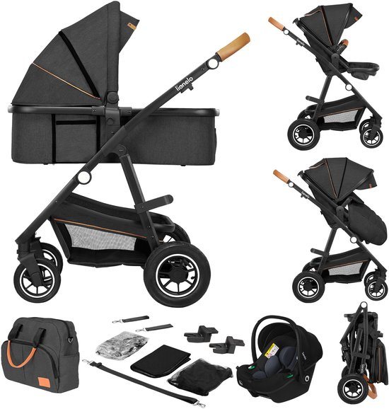 Lionelo Amber 3 in 1 Kinderwagen 3in1 - Reiswieg Buggy Baby Autostoel - ADAC geteste set - Vanaf geboorte (0-22 kg, tot 4 jaar) - Geveerde Pompwielen - Zacht Babymatras - Compact Snel Opvouwbaar - Babytas - Regenscherm - Insectennet - Autostoeltje