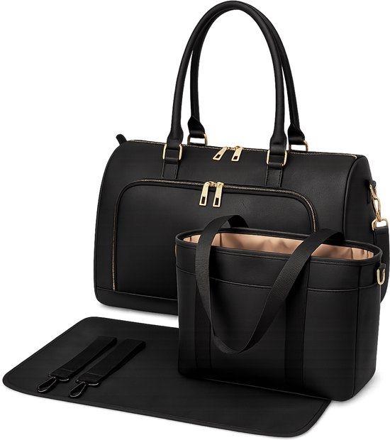 Miss Lulu Luier- en Verzorgingstas – Luiertas Set – Afneembare Draagtas - Stijlvol – Zwart - Premium Kwaliteit- Grote Capaciteit - Unisex/Jongens/Meisjes (LT6638 BK)