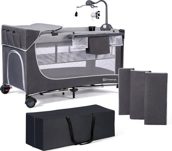 Kinderkraft LEODY ACC Reisbedje voor Baby’s - Met Muziekmobiel en Handige Accessoires, 2 Hoogtestanden, Lichtgewicht en Met Zij-ingang - Grijs