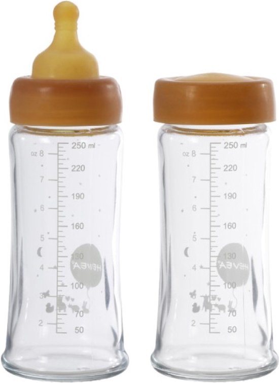 HEVEA Wide Neck glazen drinkfles | 250ml | 2 stuks | borosilicaat glas | 100% natuurrubber