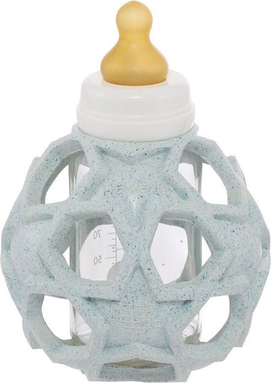 HEVEA - 2in1 drinkfles - Glas m/speelbal - Upcycled Blauw - 100% natuurrubber - 0+