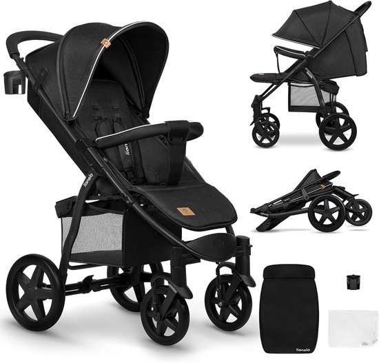Lionelo Buggy Annet Plus – Lichtgewicht & Inklapbaar – Grote Massieve Wielen met Vering – Inclusief Voetenzak, Klamboe & Bekerhouder – Verstelbare Rugleuning & Voetsteun – Wandelwagen vanaf de geboorte tot 22 kg – Kinderwagen