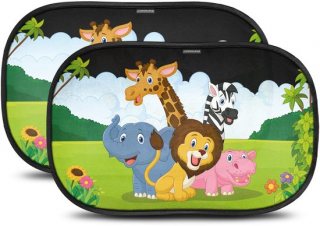 CARAMAZ Zonnescherm Auto Baby & Kinderen Dieren | 2 stuks - 48x30cm | Met Gecertificeerde UV-bescherming | Opti-Dark | Zonnescherm Auto Zijruit met Zuignap | Zonnescherm Zijruit Auto | Zonnescherm Kinderen Autoraam | Verduistering