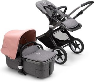 Bugaboo Fox 3, Ons Meest Comfortabele 2-in-1 Reissysteem: Lichte Kinderwagen, Comfortabele Kinderwagen & Geavanceerde Breezy Reiswieg, Graphite Chassis, Bassinet in Grey Mélange & Zonnekap in Morning Pink