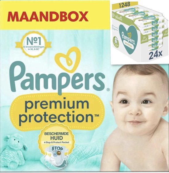 Pampers Premium Protection groot Startpakket 1+2+3 – 180 luiers Maat 1, 240 luiers Maat 2, 204 luiers maat 3 (+ 24pak Sensitive billendoekjes)