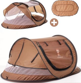 Twinky Campingbedje met Matras – Luxe Pop-Up Reisbedje & Baby Tentje XL voor Baby en Peuter – 110x65 CM – Brown
