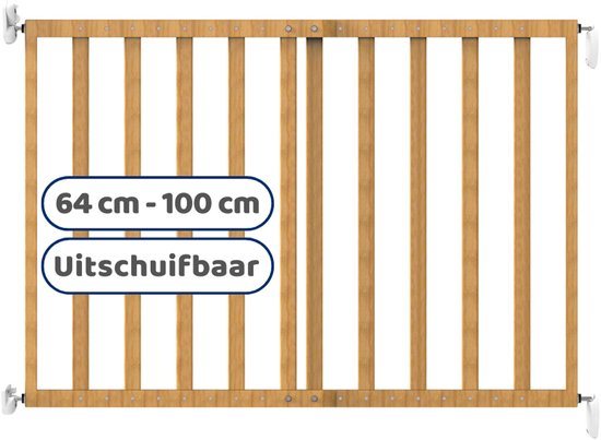 Noma Houten Uitschuifbaar Schroefhekje | Traphek Met Boren | Veiligheidshek met Muurbevestiging | 64 tot 100cm | Kleur Naturel