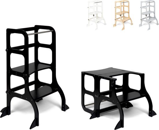 Ette Tete Step 'n Sit - Leertoren - Zwart met zwarte clips - Inklapbaar tot tafel en stoel - Met extra support - Learning Tower - Montessori inspired - Keukentrap - Keukenhulp - Leerstoel - Veilig -Duurzaam