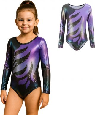 Joya Kids® Turnpakje Meisjes met Lange Mouwen | Zwart met Paars met Glitters en Strass Steentjes Ballet pakje | Gymnastiekpakje | Turnen | Turn Pakje | Maat 120