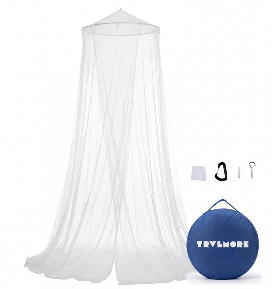 TRVLMORE Klamboe 1 Persoons - Muggennet - Muskietennet met Ophangkoord - Reisklamboe - Incl. Ophangset en Opberghoes - Wit