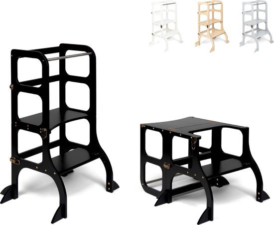 Ette Tete Step 'n Sit - Leertoren - Zwart met messing clips - Inklapbaar tot tafel en stoel - Met extra support - Learning Tower - Montessori inspired - Keukentrap - Keukenhulp - Leerstoel - Veilig -Duurzaam
