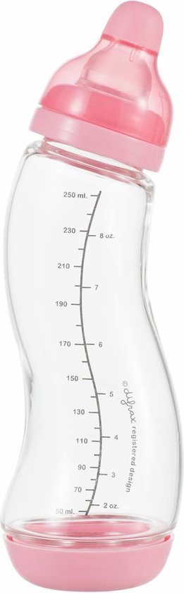 Difrax Glazen Baby S-fles 250 ml Natural - Roze - 1 Stuk, Baby fles met Anti-Colic, S-Vorm zorgt voor constante stroom