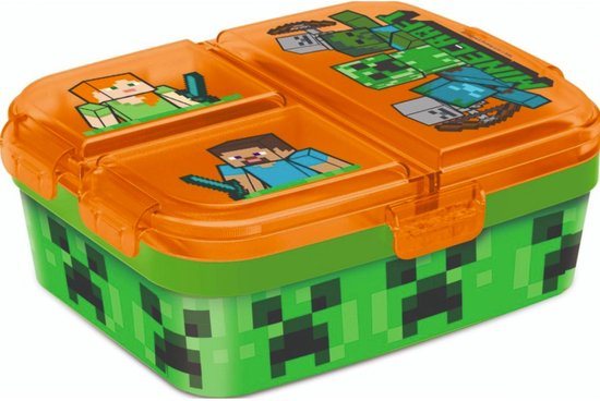 Minecraft Kinderlunchbox – Broodtrommel met 4 vakken voor kinderen vanaf 4 jaar - Vaatwasserbestendig & BPA-vrij - Lichtgroen/Oranje