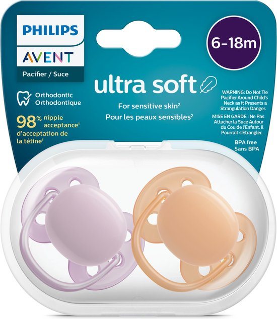 Philips Avent Ultra Soft Fopspeen - 6 tot 18 Maanden - 2 Speentjes - Roze/Oranje - SCF091/33