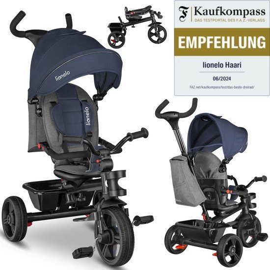 Lionelo Haari - Driewieler - Drankhouder - 2in1 - Draaibare Zitting – Rubberen Onderhoudsvrije Wielen – Vrij Wiel – Schuifstang voor Ouders – Luifel – Mand en Tas – Bekerhouder – Groeit Mee – Vanaf 18 Maanden tot 25 kg