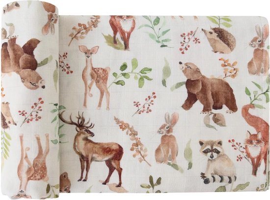 Rammelaar&Co - Hydrofiele Doek XL - 120x120 cm - 70% Bamboe & 30% Katoen - Zacht en Soepel - Bosdieren Print - Inbakerdoek - Spuugdoek - Kraamcadeau – Swaddle