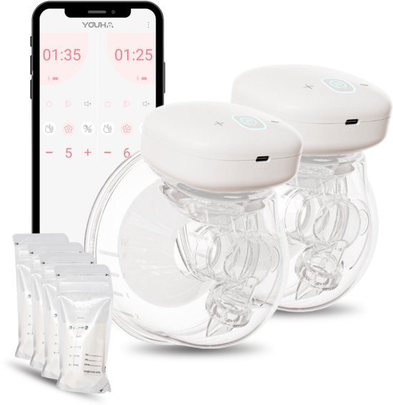 Youha Elektrische Dubbele Draadloze Borstkolf Gen 1 - Met app - BPA-vrij - Maat: 24mm - Set van 2 - Handsfree & Draagbaar - Inclusief Moedermelk bewaarzakjes & E-book
