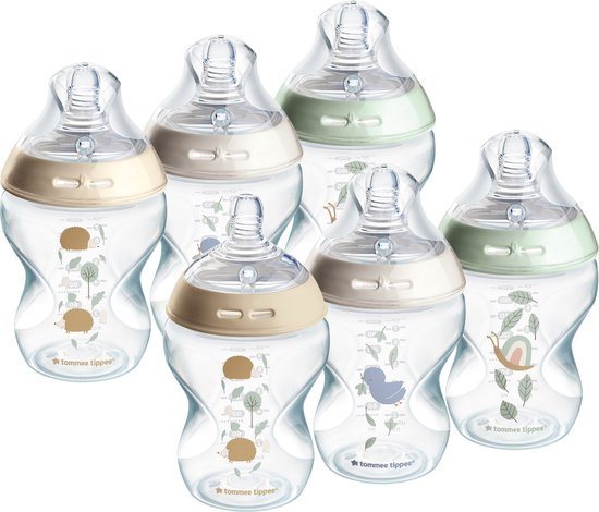 Tommee Tippee Natural Start Babyflessen, set van 6 x 260ml baby flessen - Lage toevoersnelheid 0m+ - gedecoreerd