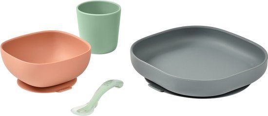 Béaba Silicone Maaltijdset - Kinderservies - 4-delig - Zuignap Kom, Bord & Lepel - Groen/terracotta/grijs