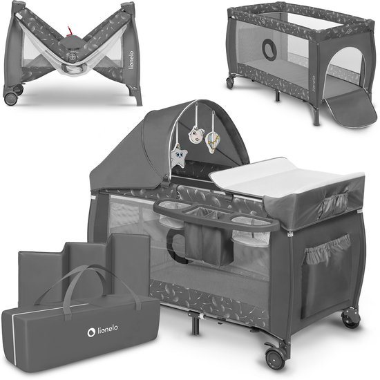 Lionelo Sven Plus 2in1 Meegroeibed & Campingbedje - 127x60 cm - Tot 15 kg - Co-Sleeper - Reisbed met Commode, Organizer, Klamboe en Interactief Speelgoed