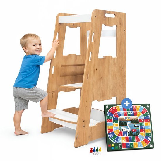 Minera Montessori Leertoren Hout Naturel - Learning Tower - Opstapje - Keukentoren - Keukenhulp - Antislip Opstapje - Kindertrap - Leertoren peuters - Leer toren