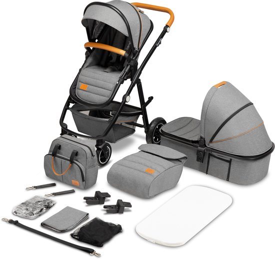 Lionelo Amber 2in1 - Kinderwagen 2 in 1 - Reiswieg + Buggy - Vanaf geboorte tot 22 kg (0-4 jaar) - Luchtbanden - Volledige Vering - Comfortabel Ligmatras - Snel Inklapbaar - Luiertas - Klamboe - Regenhoes - Verschoonmatje - Wandelwagen - Baby Peuter
