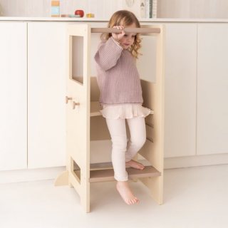 Babiem® Leertoren Fay – in Hoogte Verstelbaar - Incl. Handdoekhaakjes - Leertoren Keukenhulp - Keukenhulp – Veilig en Stabiel – Off white - Hout