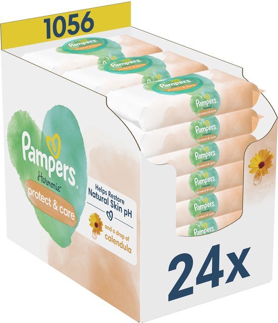 Pampers Harmonie Protect & Care Billendoekjes Calendula - 0% Plastic - 24 Verpakkingen = 1056 Babydoekjes
