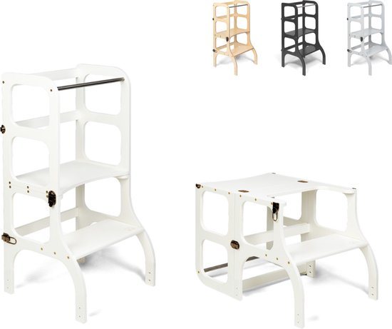 Ette Tete Step 'n Sit - Leertoren - Wit met gouden clips - Inklapbaar tot tafel en stoel - Learning Tower - Montessori inspired - Keukentrap - Keukenhulp - Leerstoel - Veilig -Duurzaam