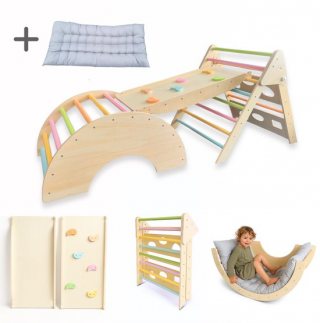 Dastium Kids - Klimrek - Montessori Speelgoed - XXL Houten Klimrek Speelgoed - Klimboog met Kussen - Inklapbare Klimdriehoek - Klimboog met Glijbaan - Klimrek Voor Kinderen - Pastelkleuren