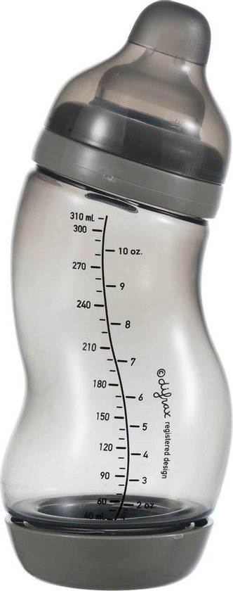 Difrax Baby S-fles 310 ml Wide - Grijs - 1 Stuk, Baby fles met Anti-Colic, S-Vorm zorgt voor constante stroom