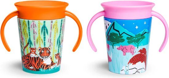 Munchkin Miracle Drinkbeker - WildLove Trainer cup - Anti-Lek 360° cup - 2-pack - Oefenbeker voor Baby en Kind - 177ml - Tijger & Neushoorn - Oranje/Roze