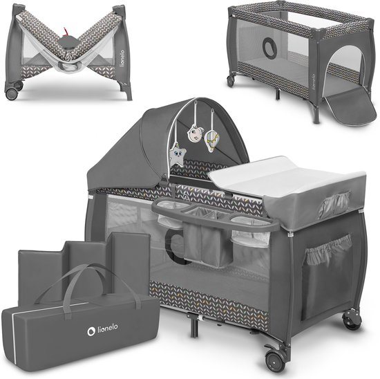 Lionelo Sven Plus 2in1 Meegroeibed & Campingbedje - 127x60 cm - Tot 15 kg - Co-Sleeper - Reisbed met Commode, Organizer, Klamboe en Interactief Speelgoed