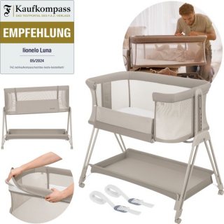 Lionelo Luna – 2-in-1 Babybedje & Co-Sleeper – Geboorte tot 9 kg – 7 Hoogtestanden – Kantelbaar Matras – Mesh Zijkanten – Wielen met Blokkade – Wasbare Hoes – Inclusief Opbergmand