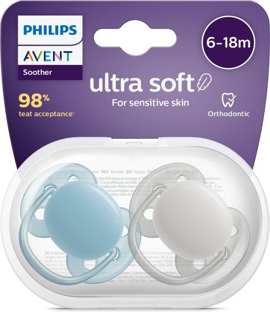 Philips Avent Ultra Soft Fopspeen - 6 tot 18 Maanden - 2 Speentjes - Blauw/Grijs - SCF091/17