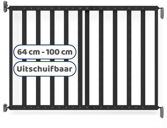 Noma Houten Uitschuifbaar Schroefhekje | Traphek Met Boren | Veiligheidshek met Muurbevestiging | 64 tot 100cm | Kleur Zwart