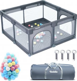 Teddle Grondbox - Baby Speelbox met 50x Speelballen - Kinderbox - Playpen - 120x120cm - Grijs