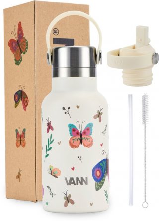 VANN 100% RVS kinderdrinkfles 2.0 - Met rietje en RVS dop - Schoolbeker en drinkfles voor kinderen in 1 - Butterfly