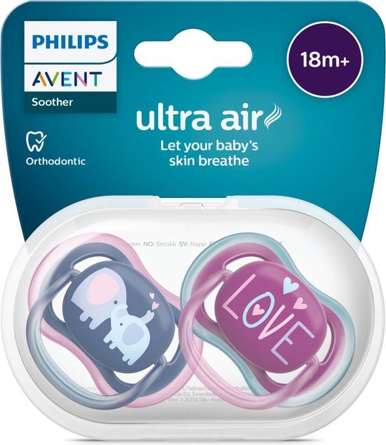 Philips Avent Ultra Air Fopspeen - Ouder dan 18 Maanden - 2 Speentjes - Donkerblauw/Paars Olifant/Love - SCF349/22