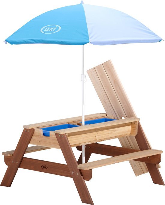 AXI Nick Zand & Water Picknicktafel in Bruin - Met in hoogte verstelbare Parasol in Blauw/Wit - Multifunctionele Picknick tafel van FSC hout - Picknick tafel voor kinderen van hout