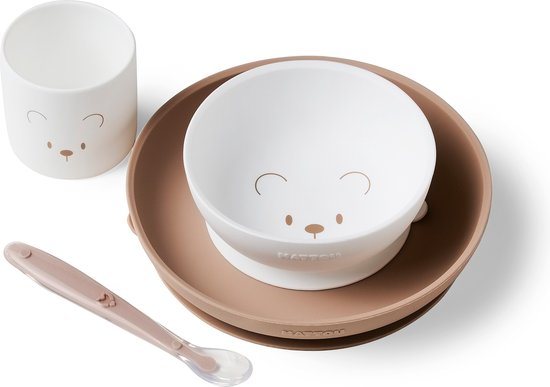 Nattou SILICON Serviesset Voor Kinderen Silicone 4 Stuks - 19,2 cm - Wit Beige