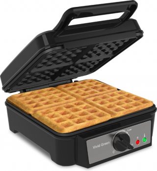 Wafelijzer voor 4 Wafels - Wafelmaker - Antiaanbaklaag - Temperatuur instelbaar - Zwart - Vivid Green