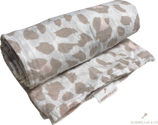 Rammelaar&Co - Hydrofiele Doek XL - 120x120 cm - 70% Bamboe & 30% Katoen - Zacht en Soepel - Panterprint Roze - Inbakerdoek - Spuugdoek - Kraamcadeau – Inbakeren
