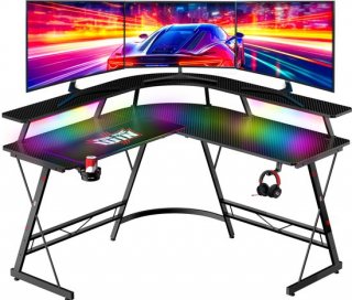 For The Win Hoekbureau - L-Vormig Game Bureau - 130x130x74 cm - Gaming Bureau met LED Verlichting - Incl. RGB Muismat - Monitor Standaard - Gaming Desk - Computer Tafel - Gaming Tafel