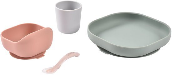 Béaba 4-delige Siliconen Maaltijdset - Bord + Kom + Beker + Lepel - Met Zuignap - Vanaf 4 maanden - Roze/Groen